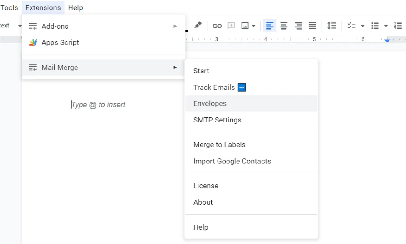 Extensions tab opens to options Add-ons, Apps Script, Mail Merge. Mail Merge opens to options for: Start, Track Emails (new), Envelopes, SMTP Settings, Merge to Labels, Import Google Contacts, License, About, Help.