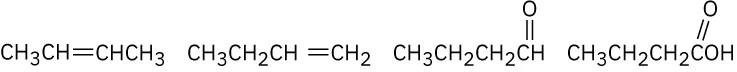 The chemical structures of 2-butene, 1-butene, butanal, and butanoic acid.