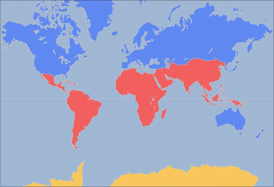 A map of the world is shown. The United States, Canada, Greenland, Europe, Northern Asia, and Australia are highlighted blue and Central America, South America, Africa and South Asia are highlighted red. Antarctica is highlighted yellow.