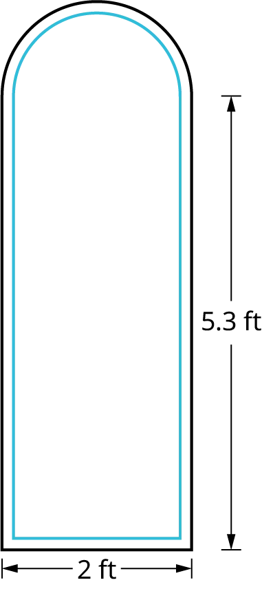 A polygon shows a semicircle resting on top of a rectangle. The length and width of the rectangle measure 5.3 and 2. The radius of the semicircle measures 2.