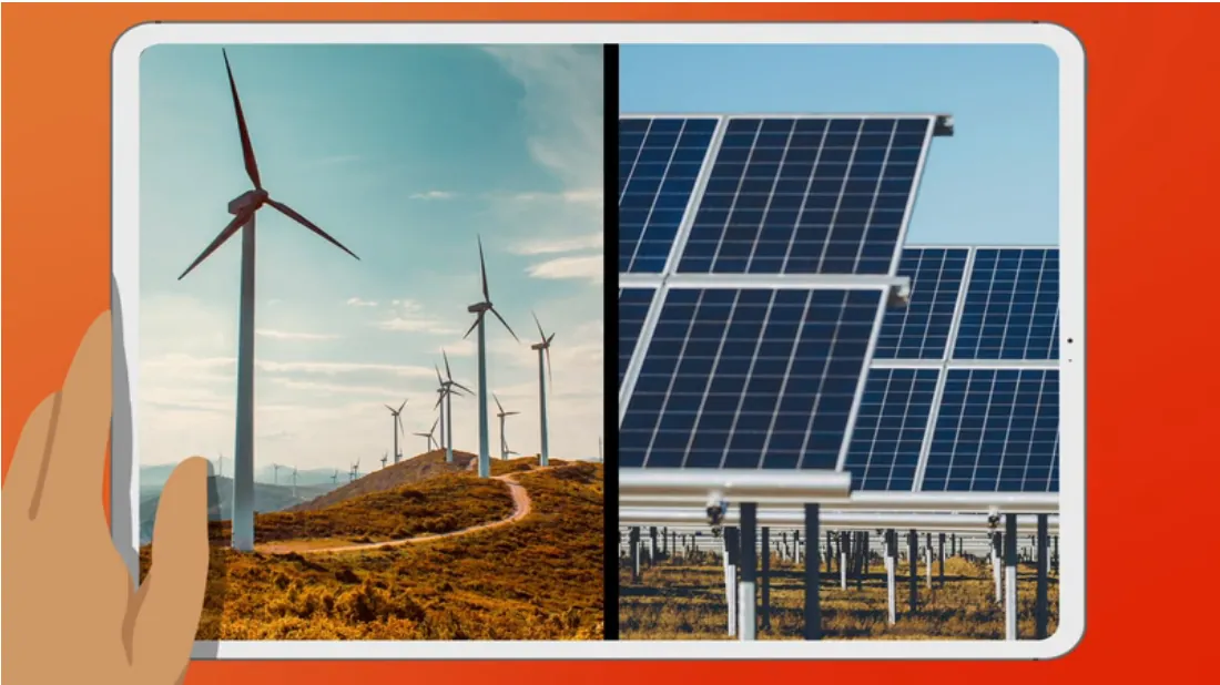 A hand holds a tablet displaying a split image: on the left, wind turbines on a grassy hill; on the right, rows of solar panels under a clear sky, all against an orange background.