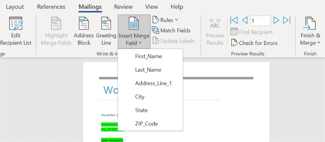 Mailings tab is selected. In the Write & Insert Fields command group, Insert Merge Field is selected. The drop-down lists these options for selection: First_Name, Last_Name, Address_Line_1, City, State, and ZIP_Code.