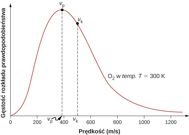 Rysunek przedstawia wykres gęstości rozkładu prawdopodobieństwa w funkcji prędkości v w metrach na sekundę dla gazowego tlenu o temperaturze 300 kelwinów. Wykres przyjmuje maksymalną wartość gęstości prawdopodobieństwa przy prędkości u p równej 400 metrów na sekundę, zaś u k czyli średnia prędkość kwadratowa wynosi 500 metrów na sekundę. Prawdopodobieństwo jest zerowe w punkcie początkowym. Wykres jest niesymetryczny, bardziej stromy po lewej szczytu.