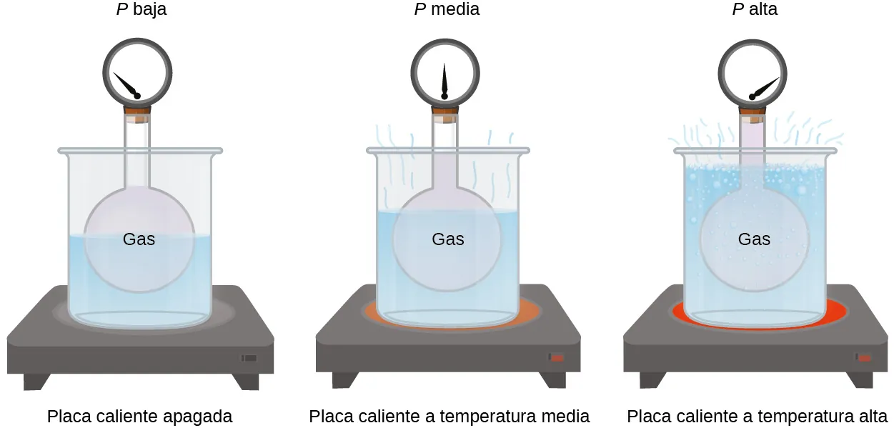 Esta figura incluye tres diagramas similares. En el primer diagrama de la izquierda, un recipiente esférico rígido de un gas al que se le ha colocado un manómetro en la parte superior está colocado en un gran vaso de agua, indicado en azul claro, encima de una placa caliente. La aguja del manómetro apunta al extremo izquierdo del mismo. El diagrama está marcado como "P bajo" arriba y "placa caliente apagada" abajo. El segundo diagrama similar también tiene un recipiente esférico rígido de gas colocado en un gran vaso de precipitados desde el que se extienden segmentos de líneas onduladas de color azul claro desde la parte superior del líquido en el vaso. El vaso de precipitados está situado encima de una zona circular ligeramente enrojecida. La aguja del manómetro apunta hacia arriba, o hacia el centro del manómetro. El diagrama está marcado como "media P" arriba y "placa caliente en medio" abajo. El tercer diagrama también tiene un recipiente esférico rígido de gas colocado en un gran vaso de precipitados en el que aparecen burbujas cerca de la superficie del líquido y varios segmentos de líneas onduladas de color azul claro se extienden desde la superficie hacia fuera del vaso. El vaso de precipitados está situado encima de una zona circular de color rojo intenso. La aguja del manómetro apunta al extremo derecho del mismo. El diagrama está marcado como "P alta" arriba y "placa caliente en alta" abajo.