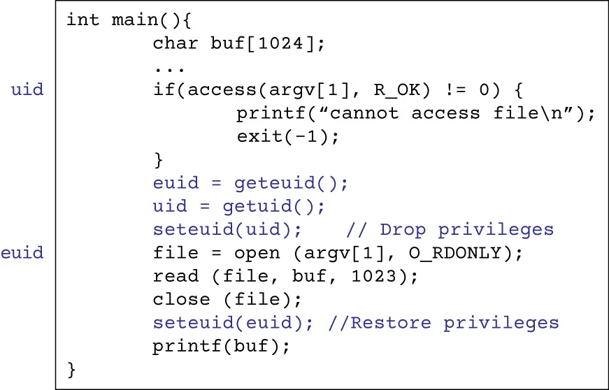Illustration of modifying code to avoid TOCTOU problem by switching the uid that executed the setuid command to the euid.