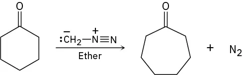 Cyclohexanone reacts with diazomethane in ether to yield cycloheptanone and molecular nitrogen as the products.