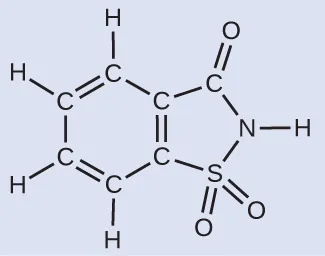 A diagram of a molecule is shown that is made up of two ring structures attached together. The left ring is hexagonal in shape with C atoms at each point of the ring and alternating single and double bonds. A double bond occurs between the C atom at the top vertex of the hexagon and the C atom down and to the left of it. The C atoms on the left, top, and bottom of the structure form a single bond to an H atom each. The two right C atoms make up one side of a pentagon and the other points of the pentagon are made up of a C atom, an N atom, and an S atom if read clockwise. The C atom forms a double bond with an O atom. The N atom forms a single bond with an H atom. The S atom forms two double bonds to two O atoms.