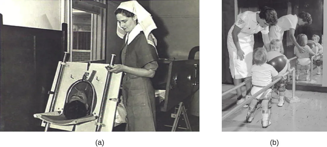 Person in a large machine with only their head exposed; a nurse stands next to them. Children held between two bars holding a ball.