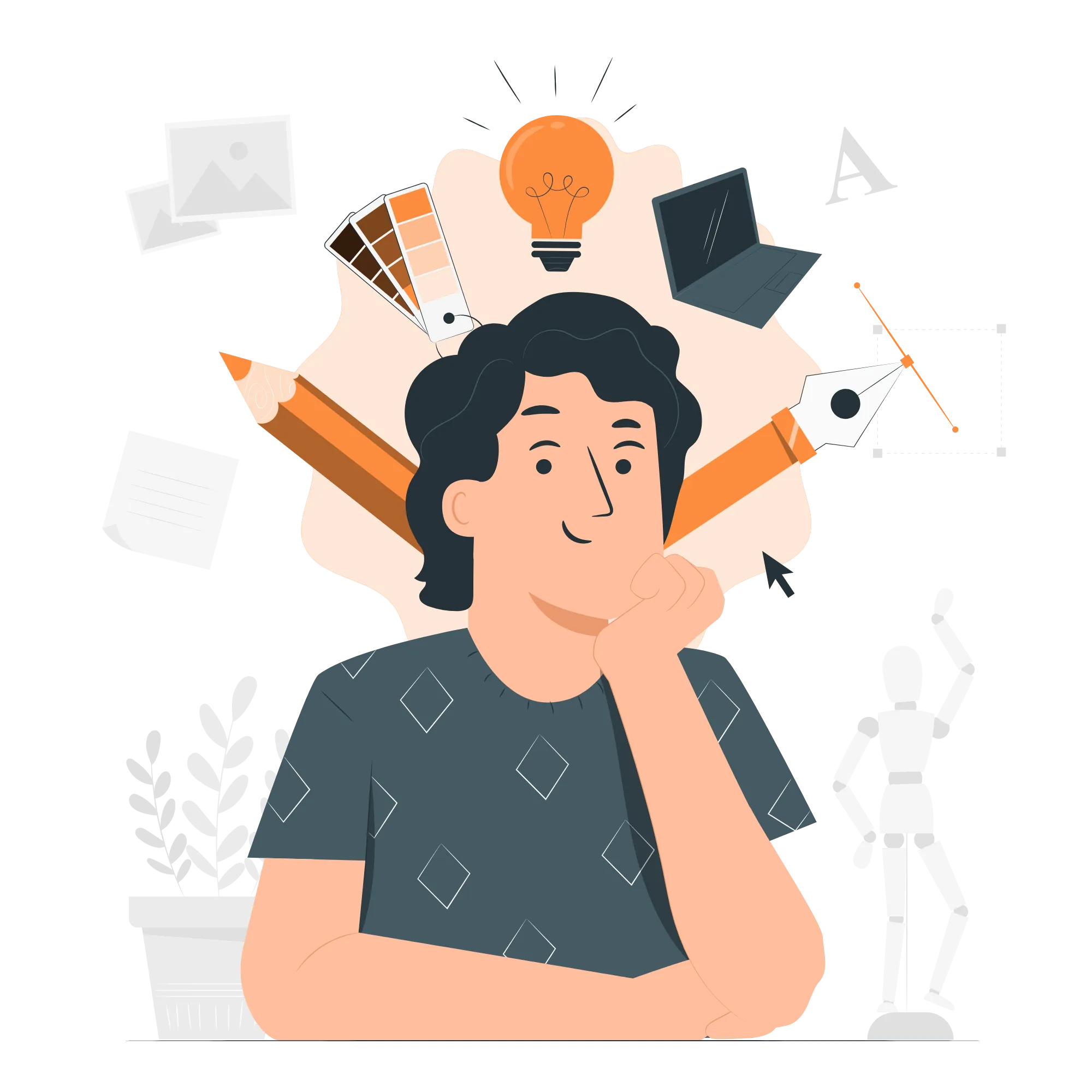 Illustration of a person sitting and thinking, surrounded by creative tools like a pencil, paint swatches, pen, laptop, light bulb, and papers, symbolizing brainstorming or artistic inspiration.