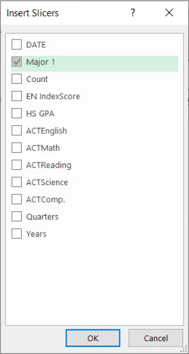 Insert Slicers pane options: DATE, Major 1 (selected), Count, EN IndexScore, HS GPA, ACTEnglish, ACTMath, ACTReading, ACTScience, ACTComp., Quarters, and Years.