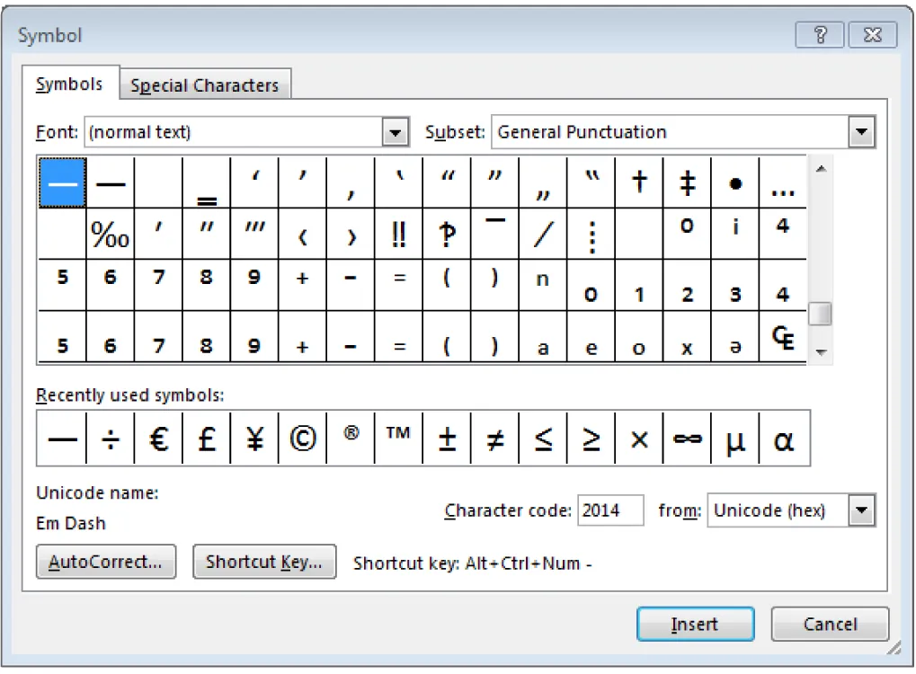 Symbol window is open; Symbols tab selected. Drop-downs for Font and Subset display with symbols available. Recently used symbols bar follows with other options for viewing the Unicode name/selecting a Character.