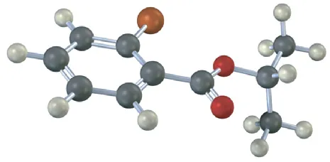 The ball-and-stick model shows a carbonyl group with an ortho substituted bromobenzene ring attached to one side and an isopropyl group on the other side.