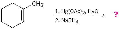 Cyclohexene with methyl group at C1 reacts with mercury (II) acetate in water in step 1 and sodium borohydride in step 2 to form unknown product(s), depicted by question mark.