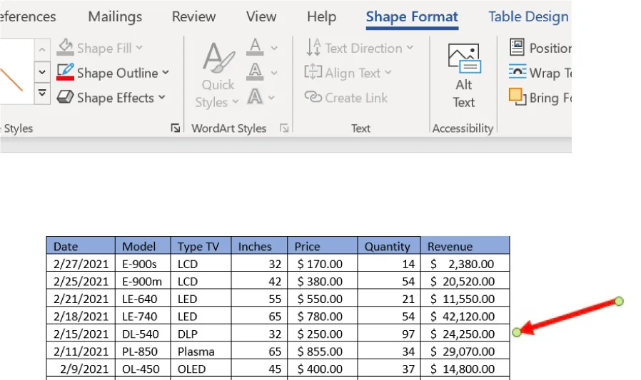 The Shape Format tab is selected. Command groups visible are Shape Styles, WordArt Styles, Text, Accessibility. An orange arrow is highlighted next to a table.
