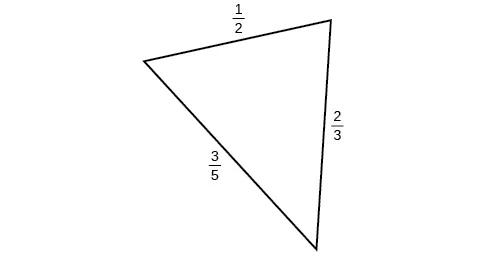 Un triángulo con lados 1/2, 2/3 y 3/5. Ángulos desconocidos.
