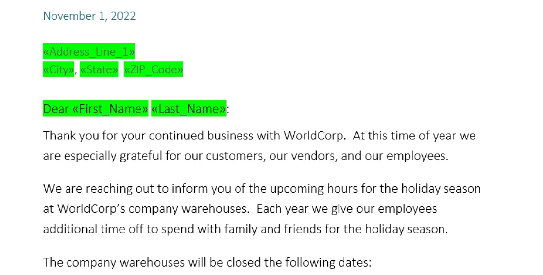 In the source document, below the date, Address_Line_1; City, State, ZIP_Code is highlighted green as well as: Dear First_Name Last_Name. The body of the text is not highlighted.