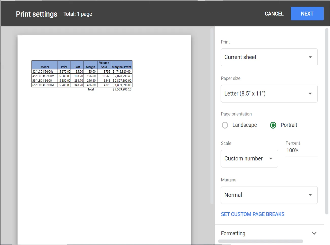 Print settings page displays Total: 1 page. Document image is visible at left and right side lists selections: Print, Paper size, Page Orientation, Scale, Percent, Margins, Set Custom Breaks, and Formatting.