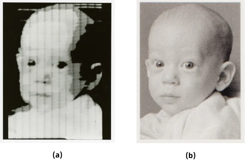 (a) A black/white fuzzy image of a baby outlined in black is shown. (b) The same image from part a is shown, but now the features of the baby are clear.