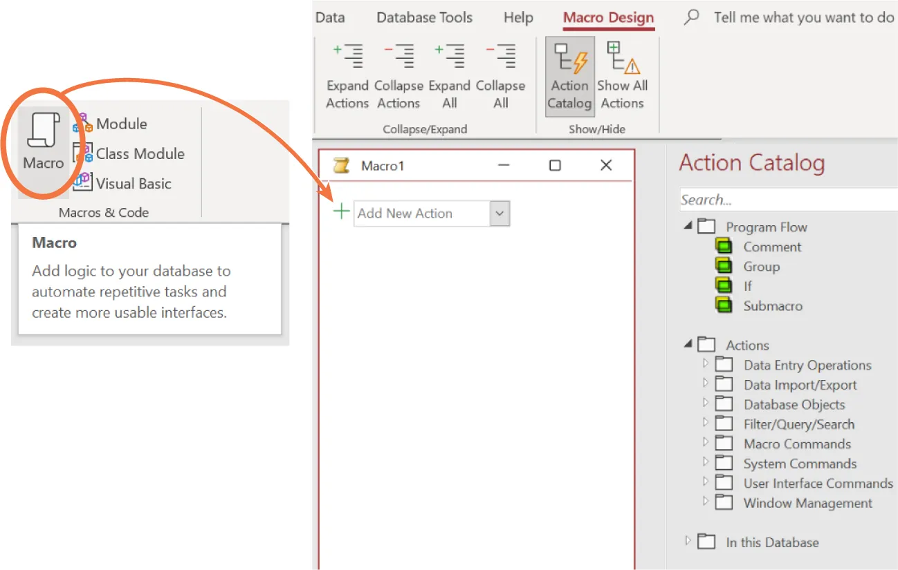 Action Catalog is selected. Macro from Macros & Code group inserts Add New Action pane on a blank page. Action Catalog lists options in Program Flow, Actions, and In this Database categories.