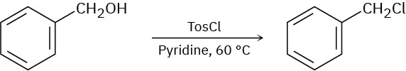 The reaction of benzyl alcohol with tosyl chloride and pyridine at 60 degrees Celsius yields benzyl chloride.