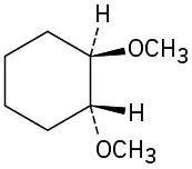 A cyclohexane with a wedge methoxy and dash hydrogen on one carbon, and on the adjacent (clockwise) carbon, a wedge hydrogen and dash methoxy.