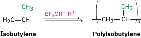 Isobutylene reacts with hydrogen trifluoro(hydroxy)borate to form polyisobutylene depicted inside parentheses with subscript n.