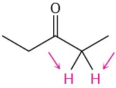 A chemical structure of 3-pentanone. Arrows point to highlighted hydrogens on C 2.
