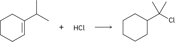 Cyclohexene with an isopropyl group at C1 reacts with hydrogen chloride to form a product that has a central carbon bonded to two methyl groups, chlorine, and cyclohexane.