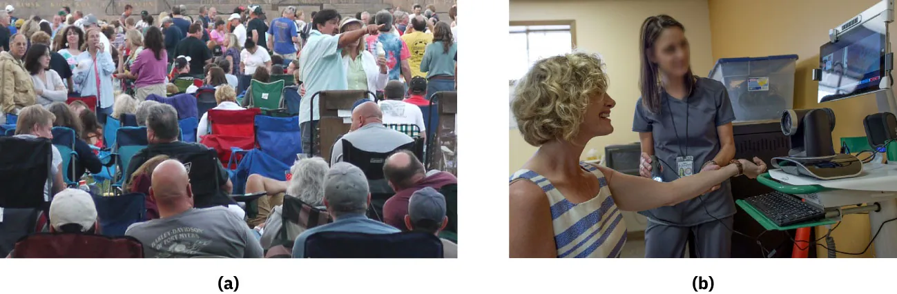 a) Crowd of people, some standing and some in chairs, (b) Nurse examining patient's arm while looking at a computer screen