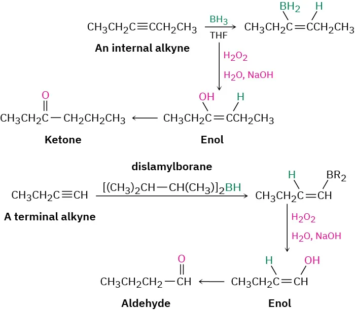 Internal alkyne reacts with borane, hydrogen peroxide, and water to produce enol, which tautomerizes to ketone. Terminal alkyne reacts with dislamylborane to produce enol which tautomerizes to aldehyde.