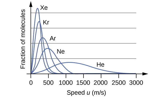 A graph is shown with four positively or right-skewed curves of varying heights. The horizontal axis is labeled, “Speed u ( m divided by s ).” This axis is marked by increments of 500 beginning at 0 and extending up to 3000. The vertical axis is labeled, “Fraction of molecules.” The tallest and narrowest of these curves is labeled, “X e.” Its right end appears to touch the horizontal axis around 600 m per s. It is followed by a slightly wider curve which is labeled, “A r,” that is about half the height of the initial curve. Its right end appears to touch the horizontal axis around 900 m per s. The third curve is significantly wider and just over a third of the height of the initial curve. It is labeled, “N e.” Its right end appears to touch the horizontal axis around 1200 m per s. The final curve is only about one fourth the height of the initial curve. It is much wider than the others, so much so that its right reaches the horizontal axis around 2500 m per s. This curve is labeled, “H e.”