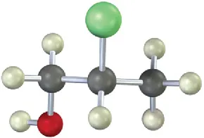 The ball-and-stick model comprises a three-carbon chain. The gray, black, green, and red spheres represent hydrogen, carbon, chlorine, and oxygen atoms, respectively.