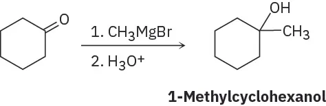 Cyclohexanone reacts first with methylmagnesium bromide, then hydronium, to produce 1-methylcyclohexanol.