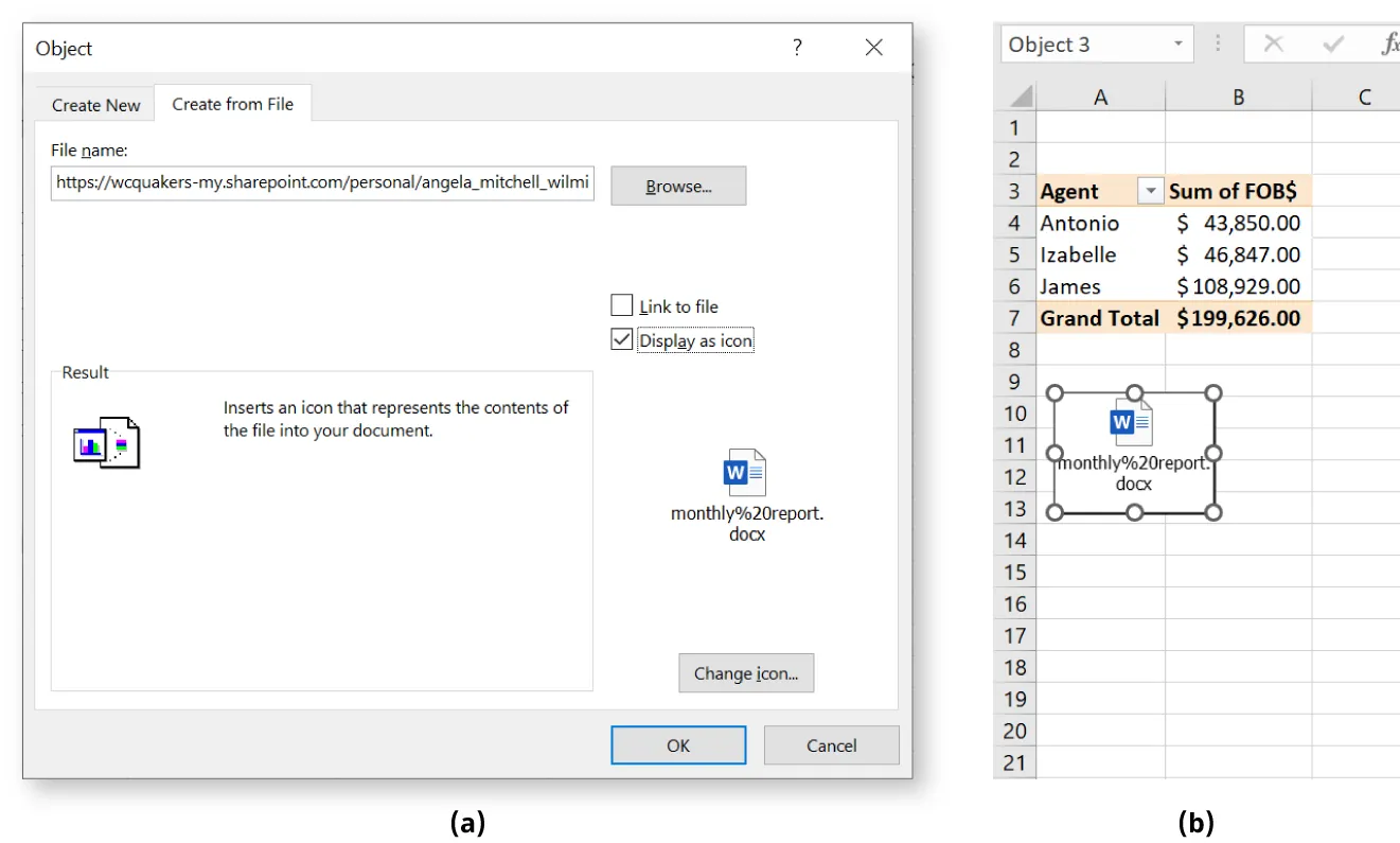 (a) Display as icon button selected in Object window. (b) A small icon of a Word document is inserted into a cell in a spreadsheet.