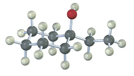 A ball-and-stick model of cyclohexane with hydroxyl and ethyl substituents on C 1. 