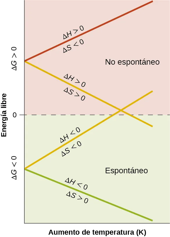 Se muestra un gráfico en el que el eje y está etiquetado como "Energía libre" y el eje x como "Temperatura creciente (K)". El valor cero se escribe en la mitad del eje y con la marcación "delta G mayor que 0", escrita por encima de esta línea, y "delta G menor que 0", escrita por debajo. La mitad inferior del gráfico está marcada a la derecha como "Espontánea" y la mitad superior está marcada a la derecha como "No espontánea". Una línea verde marcada como "delta H menor que 0, delta S mayor que 0" se extiende desde una cuarta parte del eje y hasta la parte inferior derecha del gráfico. Una línea amarilla marcada como "delta H menor que 0, delta S menor que 0" se extiende desde una cuarta parte del eje y hasta la parte central derecha del gráfico. Una segunda línea amarilla marcada como "delta H mayor que 0, delta S mayor que 0" se extiende desde tres cuartas partes del eje y hasta la mitad derecha del gráfico. Una línea roja marcada como "delta H mayor que 0, delta S menor que 0" se extiende desde las tres cuartas partes del eje y hasta la parte superior derecha del gráfico.