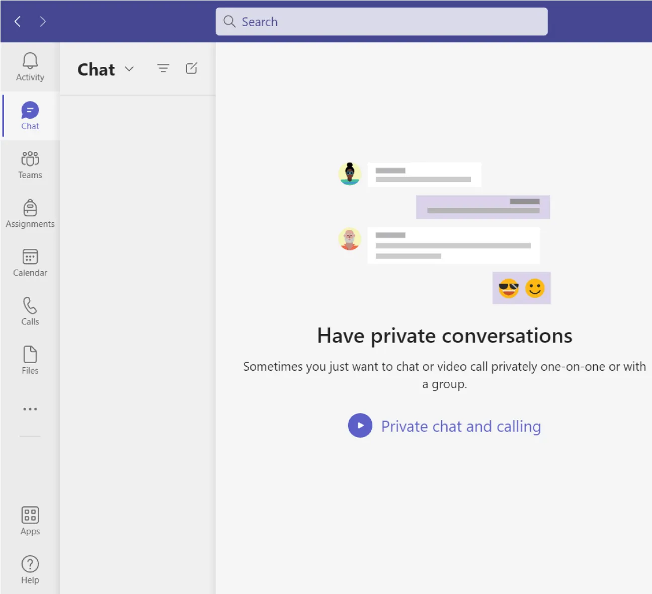 A Teams window is visible. A Search Bar runs along the top. Options for selection are at left. A Chat pane is next and then a Conversation pane is at the right.