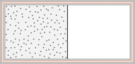 Rysunek przedstawia pojemnik, którego lewa połowa jest wypełniona gazem, a prawa połowa jest pusta. Pojemnik jest podzielony na pół przez cienką ściankę.