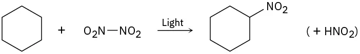 Cyclohexane reacts with nitro group bonded to another nitro group in the presence of light to form nitrocyclohexane  and nitrous acid.