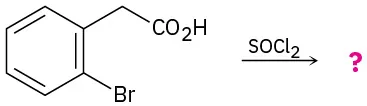 The reaction of 2-(2-bromophenyl)acetic acid with thionyl chloride to form an unknown product, denoted by a question mark.