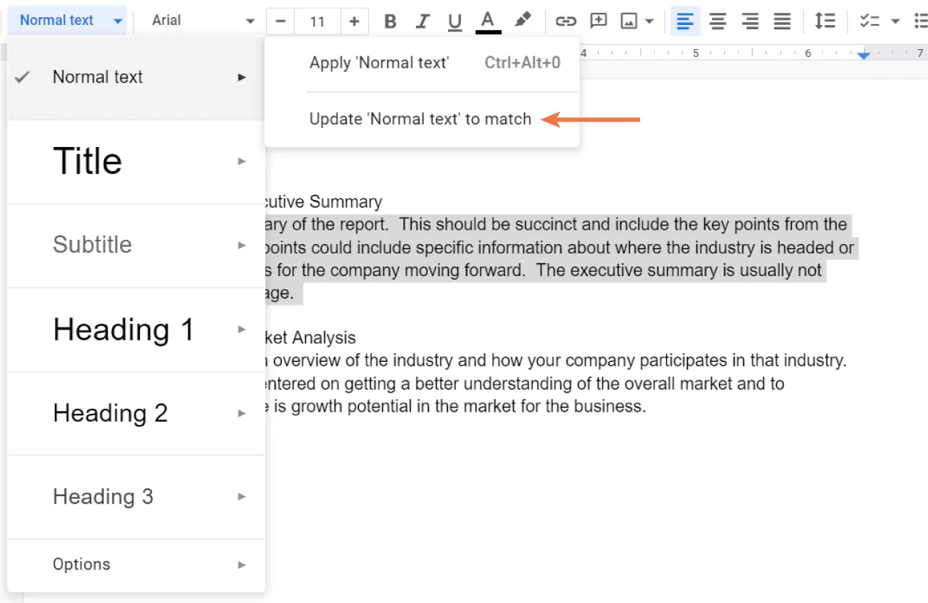 Styles button opens to Normal text selected, which opens to options for Apply ‘Normal text’ and Update ‘Normal text’ to match (selected). In the document in the background, a paragraph is highlighted.
