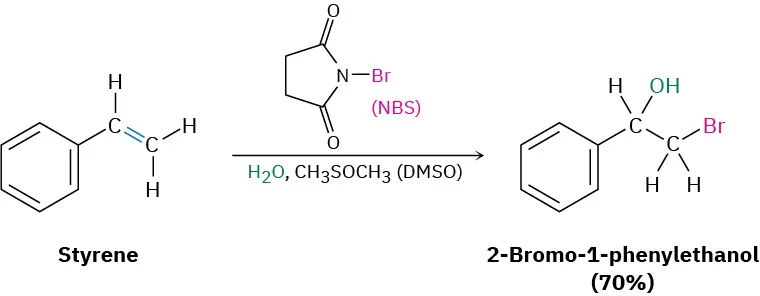 In a reaction, styrene reacts with N-bromosuccinimide in the presence of water and D M S O to form 2-bromo-1-phenylethanol with 70 percent yield.