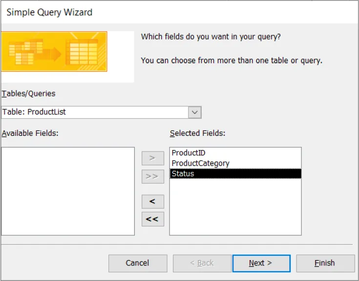 Simple Query Wizard pane asks: Which fields do you want in your query? Selections include Table/Queries (Table: ProductList), Available Fields (blank), Selected Fields (Status selected). Arrows visible between Field panes.