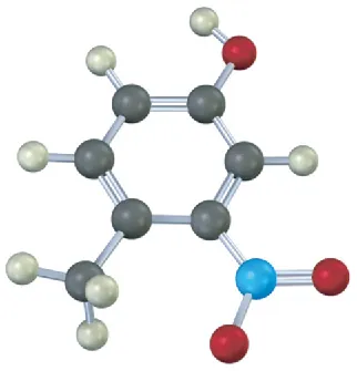 A ball-and-stick model of a benzene with O H on C 1, a nitro group on C 3 and a methyl group on C 4 position.