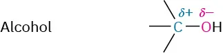 Alcohol has a carbon with three open single bonds and a partial positive charge bonded to a hydroxyl group with a partial negative charge on oxygen.