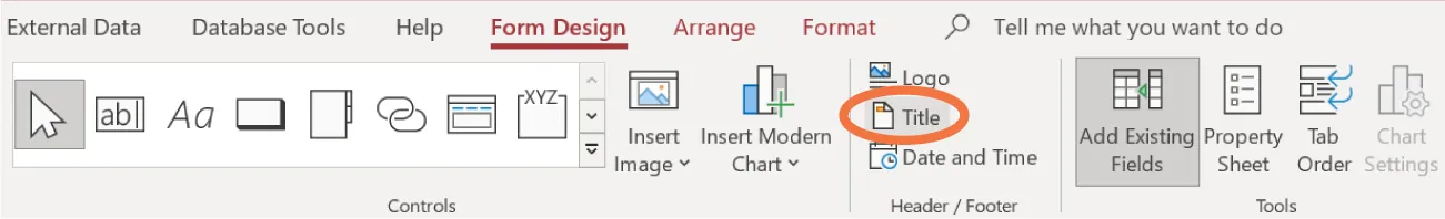 Screenshot of Title being selected from Header/Footer command group in Form Design tab in Access.