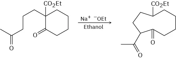 The intramolecular aldol reaction shows ethyl-2-oxo-1-(4-oxopentyl)cyclopentanecarboxylate with sodium ethoxide in ethanol, forming a cyclic nine-carbon chain compound with attached substituents.