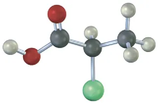 The ball-and-stick model shows a 3-carbon  chain. C1 is a carboxylic acid group on the left. C2 is bonded to a chlorine atom in front of the C2 hydrogen
