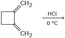 A 4-membered ring with double-bonded methylene groups at C 1 and C 2 reacts with hydrogen chloride at 0 degrees Celsius. Product is not shown.