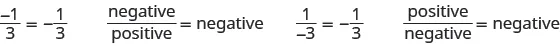 Negative 1 over positive 3 is equal to negative one third. Negative over positive equals negative. Positive 1 over negative 3 is equal to negative one third. Positive over negative equals negative.